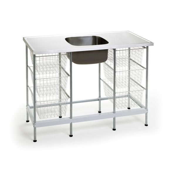 Nimo NB 1200 izlietne ar metāla virsmu, pelēku izlietni un metāla stenderi, ar groziem sānos.