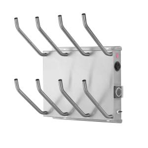 Apavu žāvētājs ar 4 metāla žāvētājiem, sudraba krāsā, ar siltā gaisa plūsmu un vadības pogu.