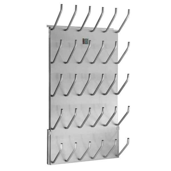 Apavu žāvētājs ar 21 metāla āķi, sudraba krāsā, vertikālā formā, paredzēts siltā gaisa plūsmai.