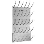 Apavu žāvētājs ar 21 metāla āķi, sudraba krāsā, vertikālā formā, paredzēts siltā gaisa plūsmai.