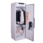 Nimo Easy Dryer 1900, 6 kg, balts apģērbu žāvēšanas skapis ar ventilācijas izvadu un drēbēm iekšpusē.