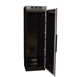 Melns apģērbu žāvēšanas skapis ar sudraba detaļām, divām plauktiem un ventilācijas izvadu.