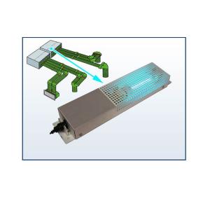 OSMA gaisa attīrītājs "CleanAir mini cell" ar sudraba korpusu un zilu gaismu, plāna, taisnstūra forma.