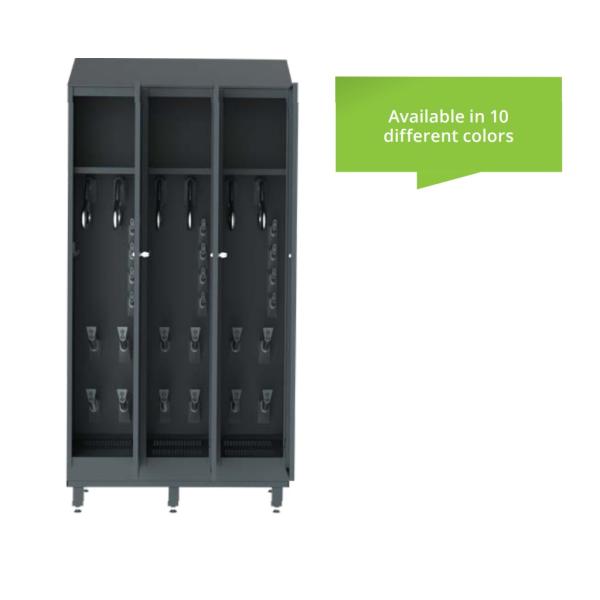 Melns žāvēšanas skapis ar trim nodalījumiem un āķiem, pieejams desmit krāsās. Moderns un funkcionāls dizains.