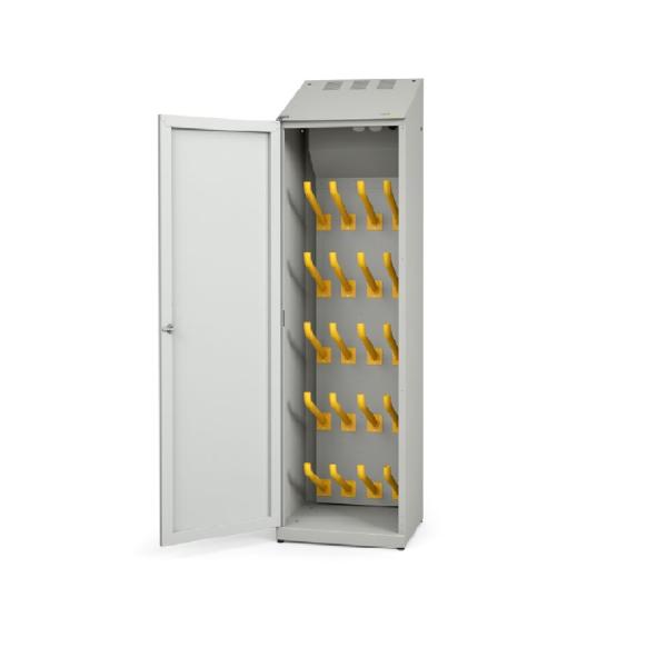 Žāvēšanas skapis GLADEK GT Boot 10 TS, pelēks ar dzeltenām pakaramo āķiem, vertikāls, metāla konstrukcija.