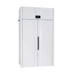 Balts apģērbu žāvēšanas skapis ar divām durvīm, digitālo displeju un melnu rokturi. Moderns un elegants dizains.