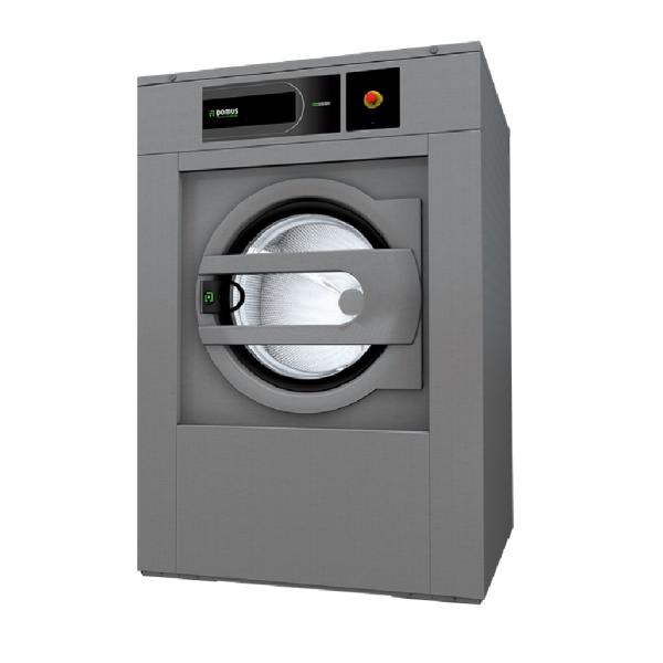 Pelēka profesionāla veļas mašīna ar apaļu durvju logu un digitālo vadības paneli. Moderns un funkcionāls dizains.