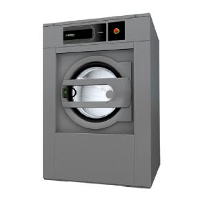 Pelēka profesionāla veļas mašīna ar apaļu durvju logu un digitālo vadības paneli. Moderns un funkcionāls dizains.