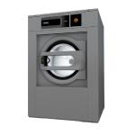 Pelēka profesionāla veļas mašīna ar apaļu durvju logu un digitālo vadības paneli. Moderns un funkcionāls dizains.