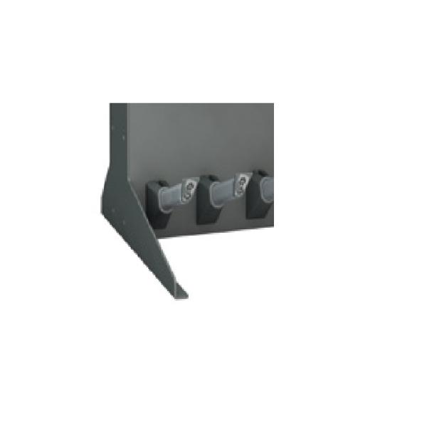 Melna metāla atbalsta kāja ar trim pelēkām stiprinājumu vietām, stabila un izturīga konstrukcija.