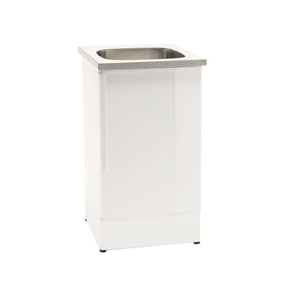 Balta izlietne ar nerūsējošā tērauda malu, taisnstūra forma, piemērota speciālām mazgāšanas iekārtām.