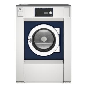 Veļas mašīna Electrolux Professional WH6-20 ar sudraba un tumši zilu krāsu, apaļu durvju logu un digitālo paneli.